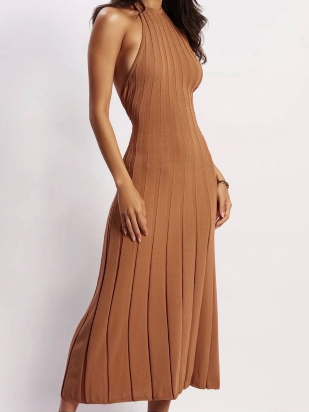 Meshki Adrienne Ribbed Halter Midi Dress in Chestnut Brown